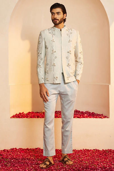 Powder blue floral embroidered bandhgala set