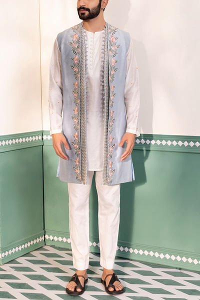 Powder blue floral embroidery shrug