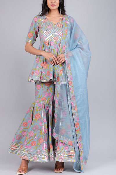 Powder blue floral print kalidar sharara set