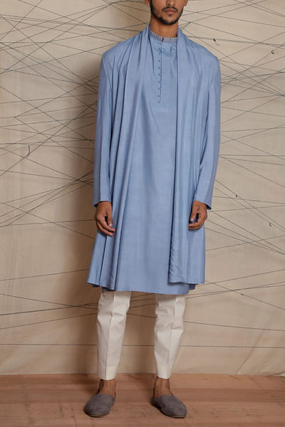 Powder blue long cape and kurta set