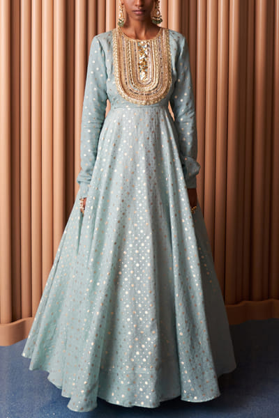 Powder blue metallic detail anarkali set