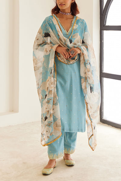 Powder blue sequin embellished kurta set
