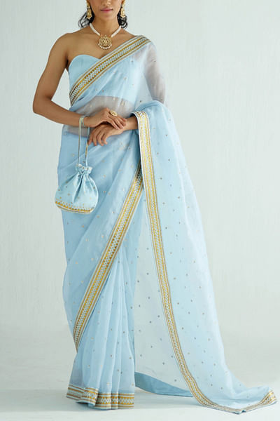 Powder blue sequin embellished sari set