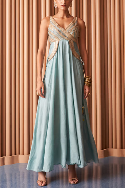 Powder blue sequin embroidery jumpsuit