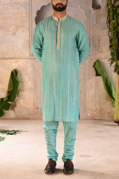 Powder blue stripe embroidery kurta set
