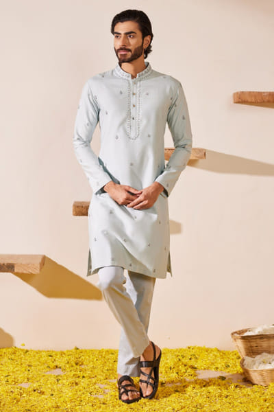 Powder blue thread embroidered kurta set