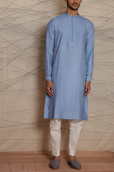 Powder blue thread embroidered kurta