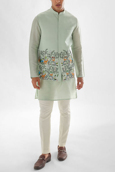 Powder green plant and animal thread embroidered Nehru jacket set