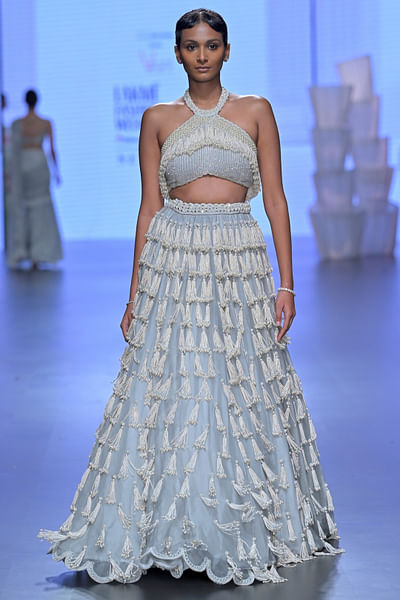 Powder grey pearl embroidery lehenga set