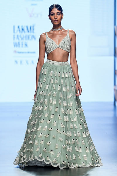 Powder mint green pearl embroidery lehenga set