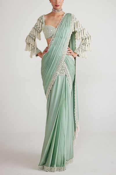 Powder mint green pearl pre-stitched sari set