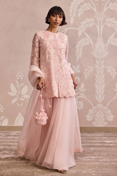 Powder pink embroidered kurta sharara set