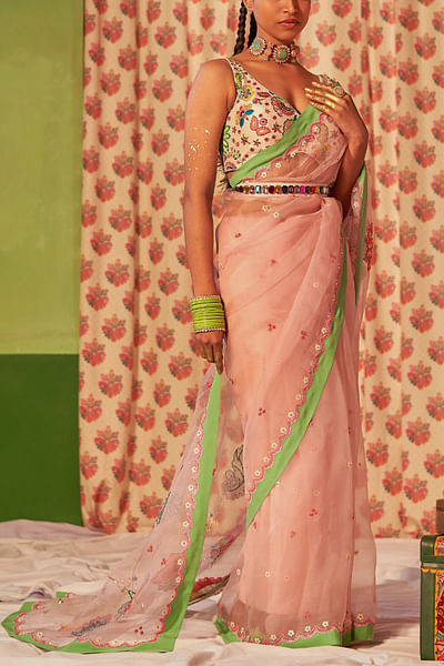 Powder pink embroidered silk organza sari set