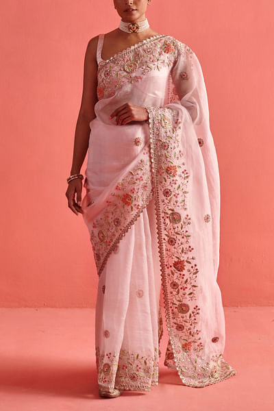 Powder pink floral embroidery sari set