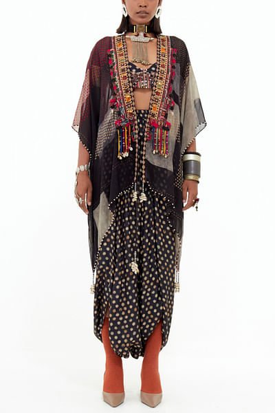 Printed sheer silk jacket and drape trousers
