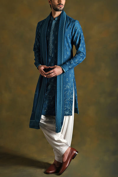 Prussian blue floral embroidery kurta set
