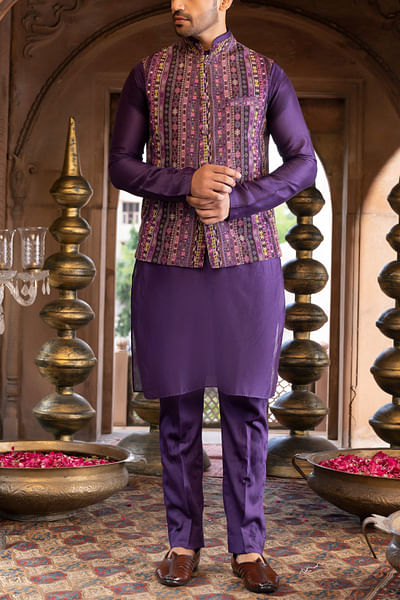 Purple abstract print bandi kurta set