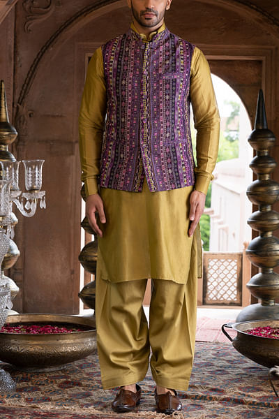 Purple abstract printed bandi kurta set