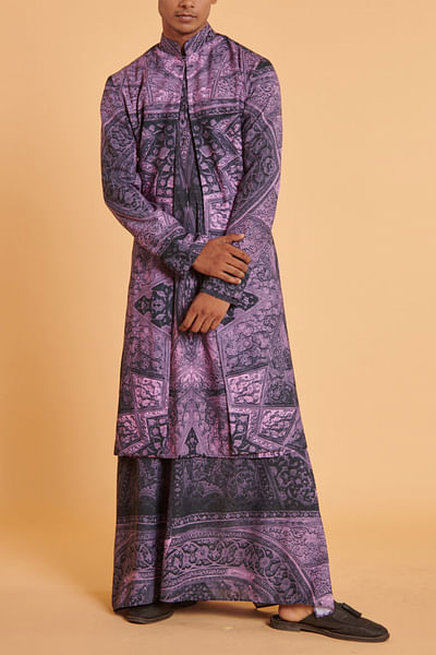 Purple and black Mughal print achkan set