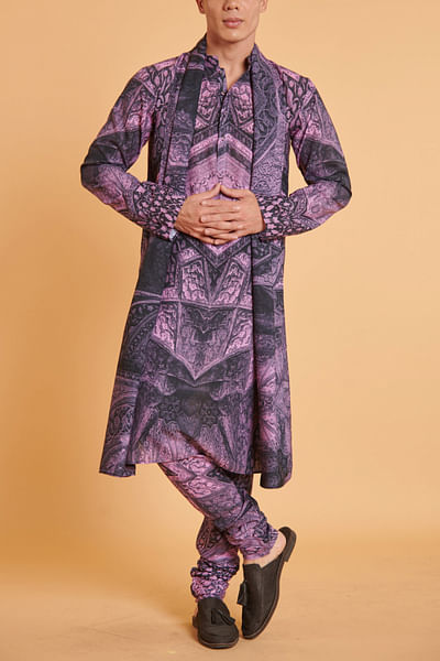 Purple and black Mughal print kurta set