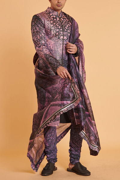 Purple and black Mughal print sherwani set