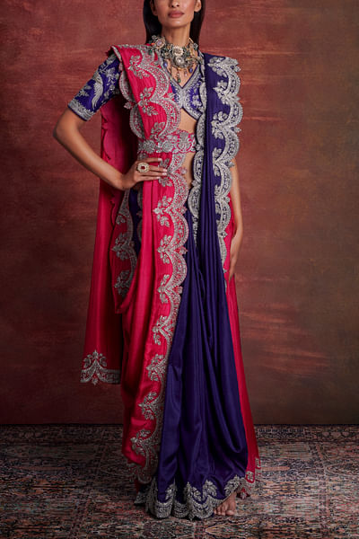 Purple and pink zardozi embroidery saree set