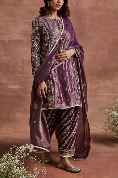 Purple applique embroidery kurta set