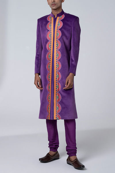 Purple applique sherwani set