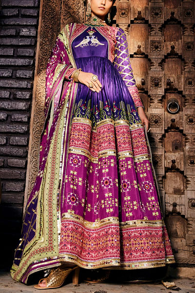 Purple bandhani and patola print anarkali set