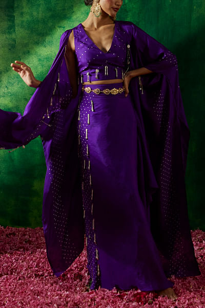 Purple bandhani print cape set