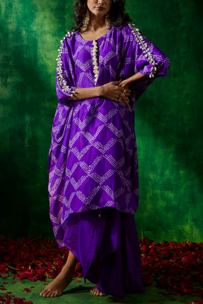 Purple bandhani print kaftan set