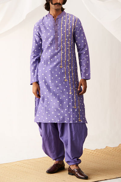 Purple bandhani print kurta set