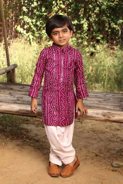 Purple bandhej and mirror work kurta set