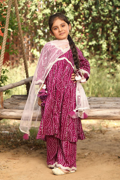 Purple bandhej kurta set