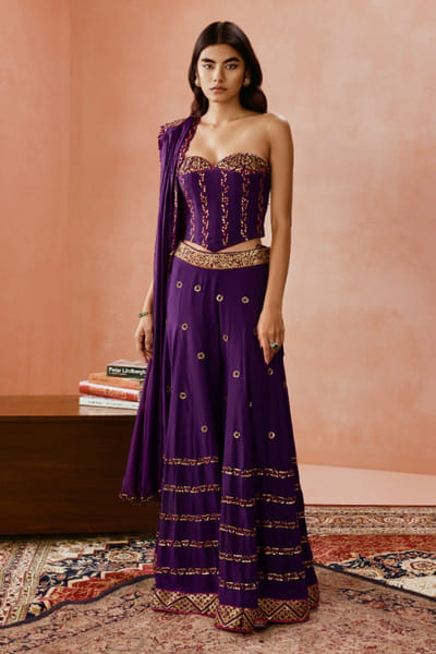 Purple coin embellished corset and sharara set