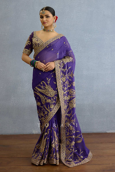Purple dabka and badla embroidered sari set