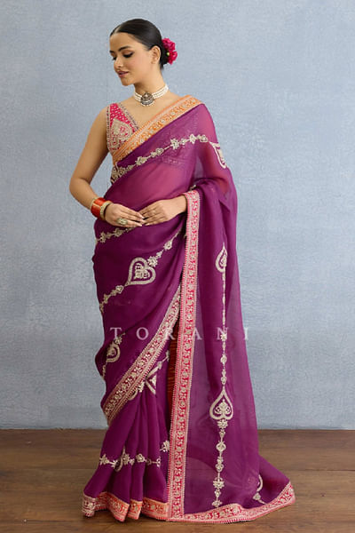 Purple dabka and badla embroidery sari set