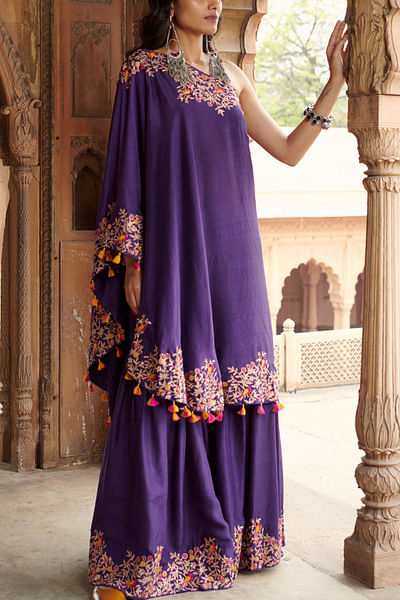 Purple embroidered one-shoulder cape tunic and sharara