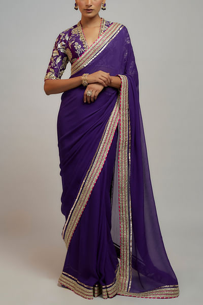 Purple embroidered sari set