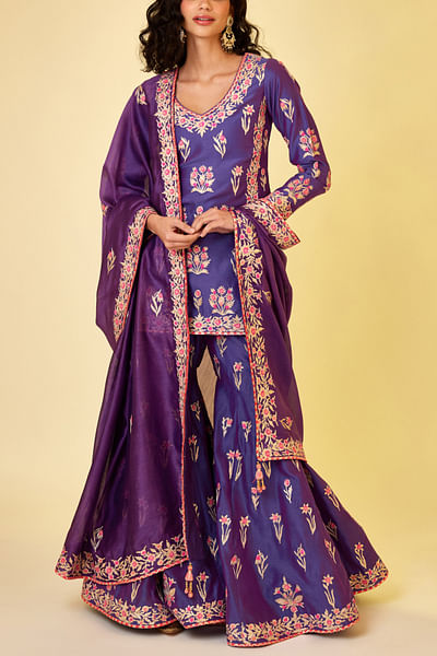 Purple embroidered sharara set