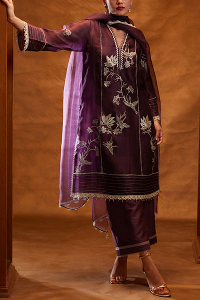 Purple floral and bird embroidery kurta set