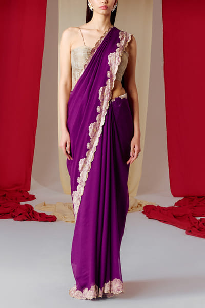 Ekaya Purple floral banarasi cutwork sari set EKYJAN24D218