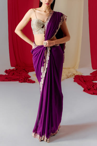 Ekaya Purple floral banarasi cutwork sari set EKYJAN24D218