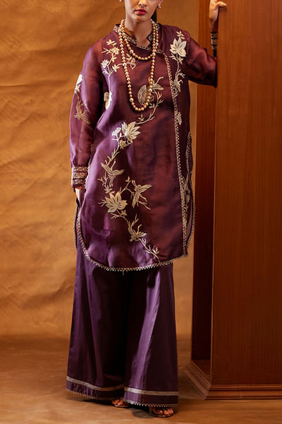 Purple floral embroidery angrakha kurta set