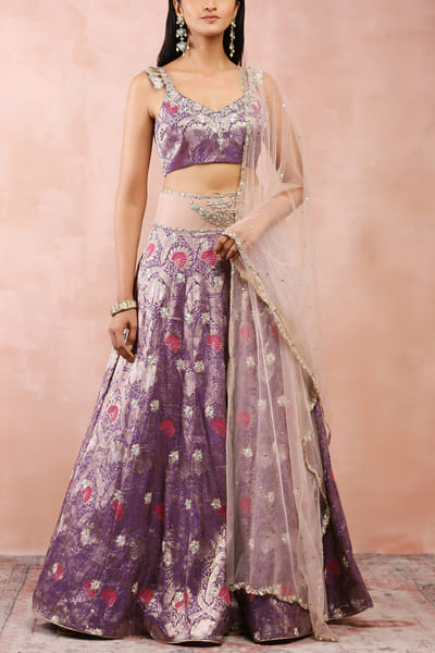 Purple floral embroidery brocade lehenga set