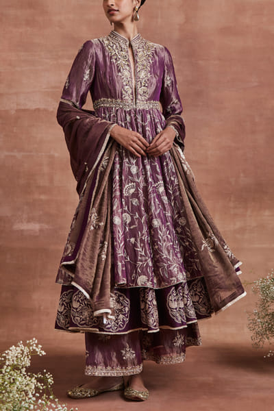 Purple floral embroidery layered anarkali set