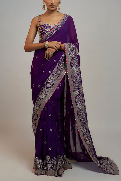 Purple floral embroidery lehenga sari set