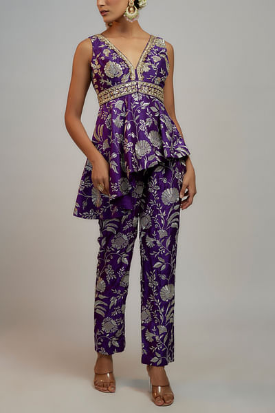 Purple floral embroidery peplum co-ords