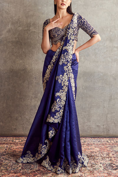 Purple floral embroidery saree set