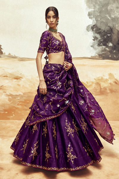 Purple floral foil embroidered lehenga set